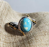 R159 Silver Turquoise & Green Gem Feather Gold Accent Ring