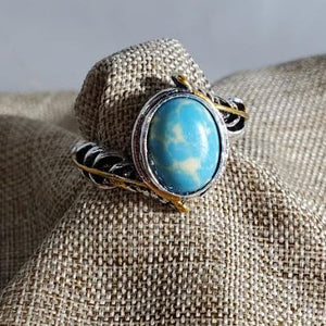 R159 Silver Turquoise & Green Gem Feather Gold Accent Ring