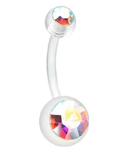 P26 Silver Double Ball Iridescent Gemstone Belly Button Ring