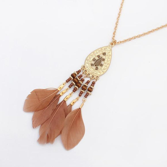 N1125 Coffee Feather Tribal Baked Enamel Bead & Tassel Necklace with FREE Earrings - Iris Fashion Jewelry