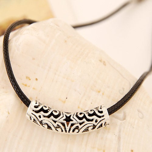 N831 Silver Hollow Star Bead Leather Cord Necklace - Iris Fashion Jewelry