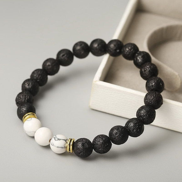 *B327 Black Volcanic Stone White Crackle Bead Bracelet - Iris Fashion Jewelry