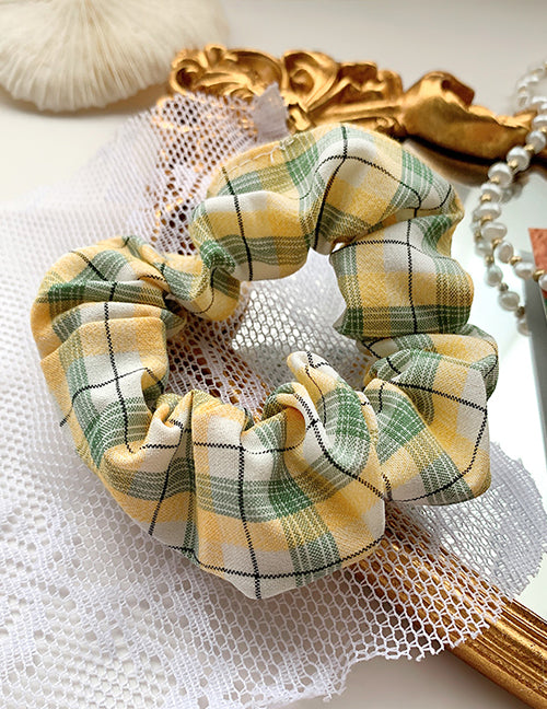 H744 Yellow & Green Plaid Print Hair Scrunchie - Iris Fashion Jewelry