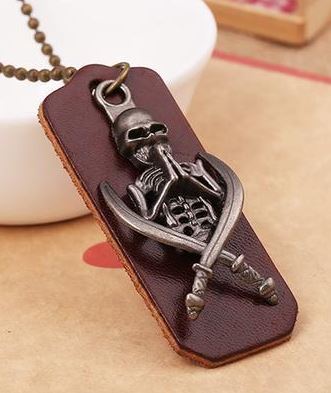 N434 Brown Leather Skeleton with Swords Necklace - Iris Fashion Jewelry