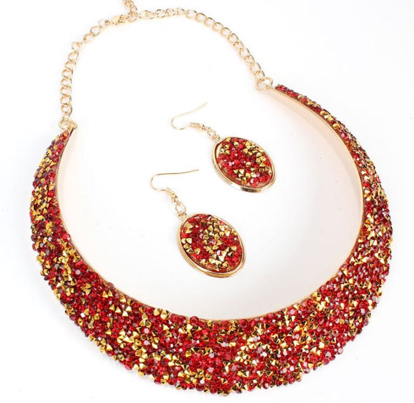 N1935 Gold Red Rhinestone Bib Style Necklace with FREE Earrings - Iris Fashion Jewelry