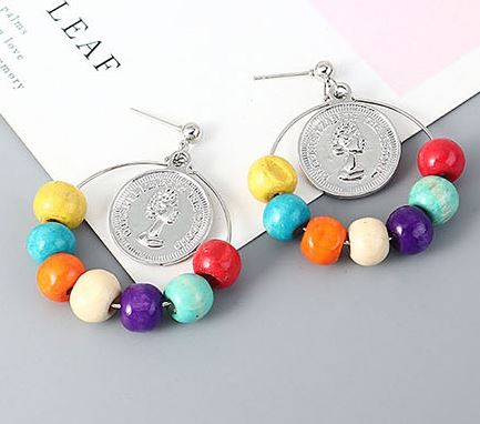 E237 Silver Queen Elizabeth Coin Multi Color Wooden Bead Hoop Earrings - Iris Fashion Jewelry
