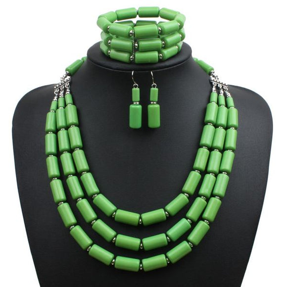 N1922 Silver Lime Green Bead Statement Necklace with FREE Earrings and Bracelet - Iris Fashion Jewelry