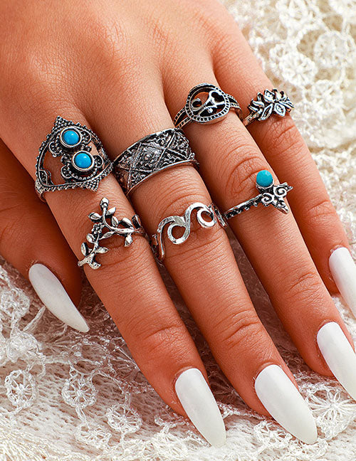 RS70 Silver Color 7 Piece Ring Set - Iris Fashion Jewelry