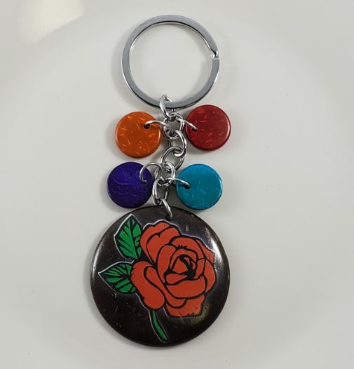 K48 Red Rose Round Coconut Shell Colorful Wooden Disk Keychain - Iris Fashion Jewelry