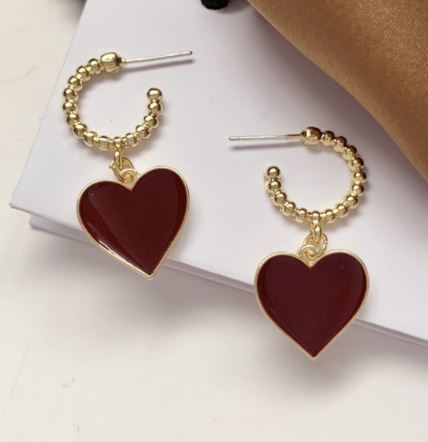 E641 Gold Hoop Red Enamel Heart Dangle Earrings - Iris Fashion Jewelry
