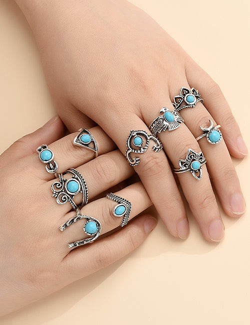 RS39 Silver Color Blue Gem 10 Piece Ring Set - Iris Fashion Jewelry