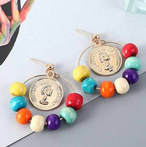 E201 Gold Queen Elizabeth Coin Multi Color Wooden Bead Hoop Earrings - Iris Fashion Jewelry