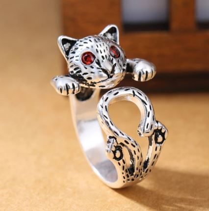 AR27 Silver Orange Gemstone Eyes Cat Adjustable Ring - Iris Fashion Jewelry