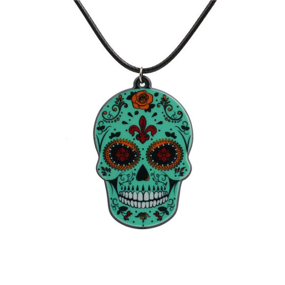 N1390 Green Sugar Skull on Leather Cord Necklace with FREE Earrings - Iris Fashion Jewelry