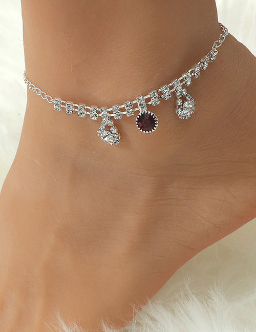 B1166 Silver Rhinestone Red Gemstone Ankle Bracelet - Iris Fashion Jewelry