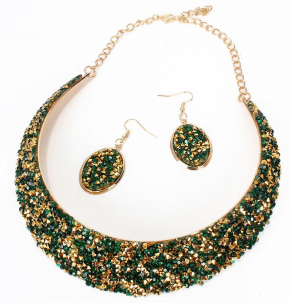 N692 Gold Green Rhinestone Bib Style Necklace with FREE Earrings - Iris Fashion Jewelry
