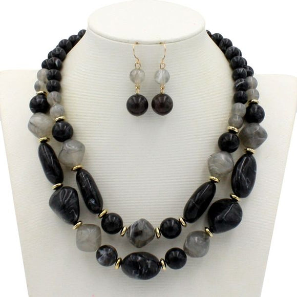 N1899 Gold Black Marble Stone Look Bead Necklace with FREE Earrings - Iris Fashion Jewelry