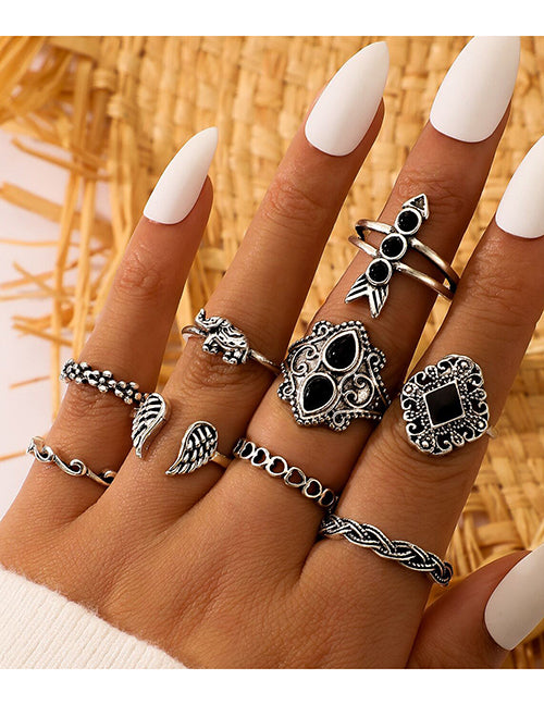 RS41 Silver Color 9 Piece Ring Set - Iris Fashion Jewelry