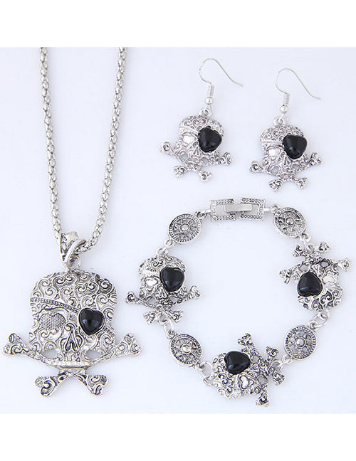 N427 Silver Black Gem Skull & Crossbones Necklace with FREE Earrings & FREE Bracelet - Iris Fashion Jewelry