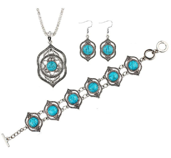 N481 Silver Turquoise Crackle Gem Necklace with FREE Earrings & FREE Bracelet - Iris Fashion Jewelry