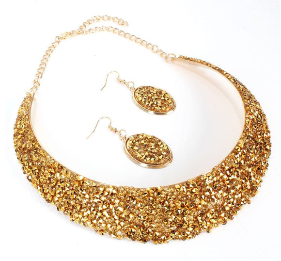 N1933 Gold Rhinestone Bib Style Necklace with FREE Earrings - Iris Fashion Jewelry