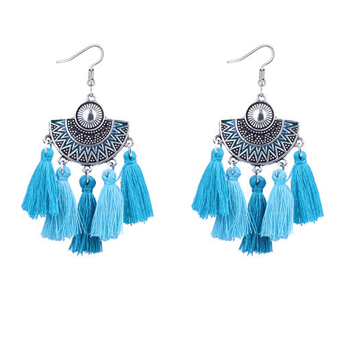 E1940 Silver Turquoise Blue Tassel Earrings - Iris Fashion Jewelry