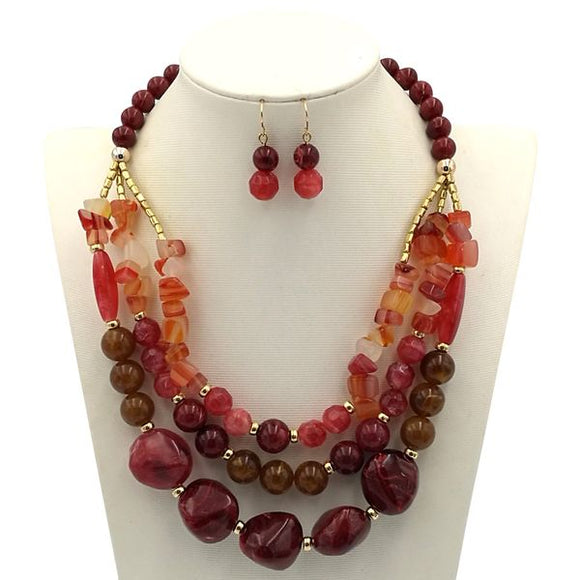 N2018 Red & Brown Stone Look Necklace with FREE Earrings - Iris Fashion Jewelry