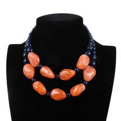 N648 Navy Blue Bead Orange Stone Necklace with FREE Earrings - Iris Fashion Jewelry