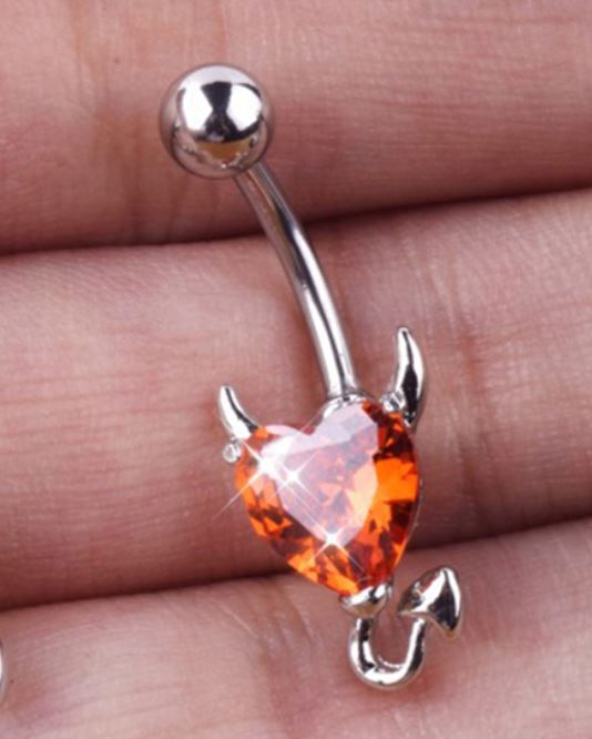 P65 Silver Orange Heart Gem Devil Belly Button Ring - Iris Fashion Jewelry
