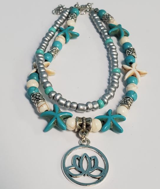 B189 Silver & Turquoise Starfish & Lotus Ankle Bracelet - Iris Fashion Jewelry