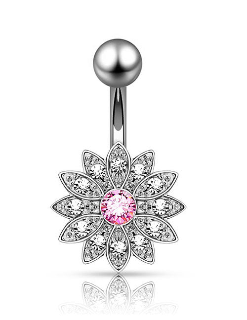 P120 Silver Crystal Pink Center Rhinestone Flower Belly Button Ring - Iris Fashion Jewelry