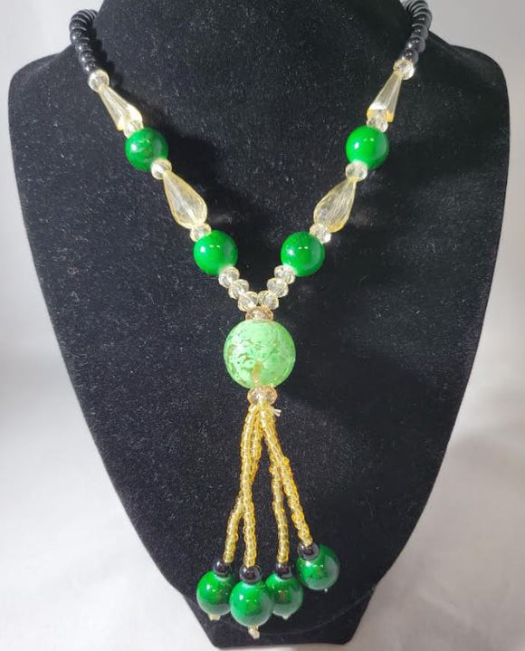 N2119 Green Crackle Bead Glass Long Necklace With Free Earrings - Iris Fashion Jewelry