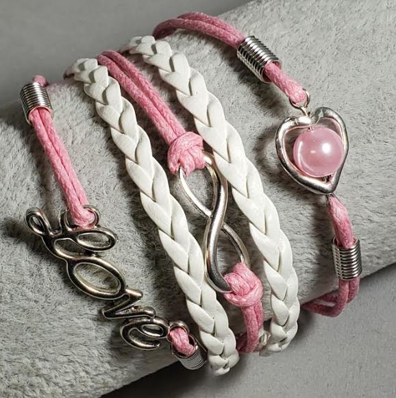 B973 Light Pink & White Love Heart Pearl Leather Bracelet - Iris Fashion Jewelry