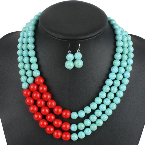 N1893 Silver Turquoise & Red Crackle Stone Necklace with FREE Earrings - Iris Fashion Jewelry