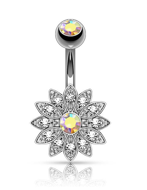 P118 Silver Crystal Iridescent Center Rhinestone Flower Belly Button Ring - Iris Fashion Jewelry