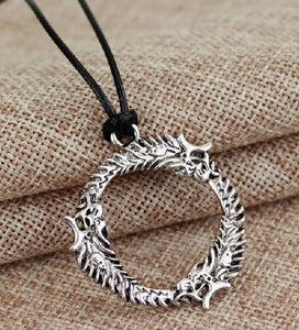 AZ80 Silver Self Devouring Dragon on Leather Cord Necklace with FREE Earrings - Iris Fashion Jewelry