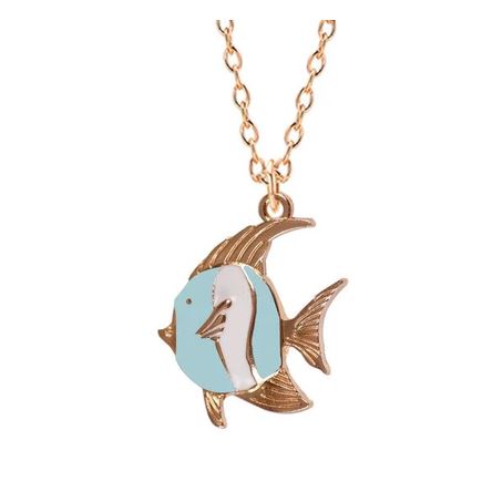 N1071 Light Blue Baked Enamel Fish Necklace with FREE Earrings