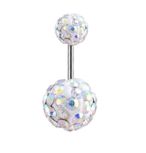 P132 Silver Double Ball Iridescent Gems Belly Button Ring - Iris Fashion Jewelry