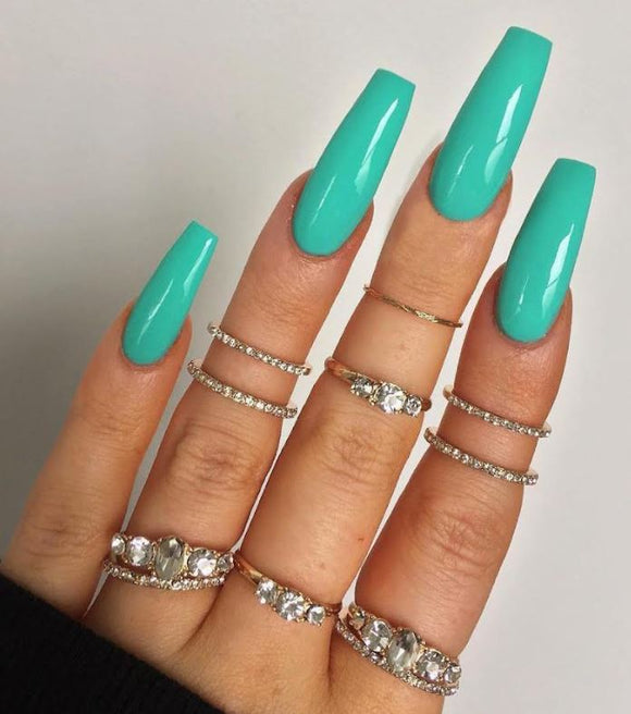 NS363 Extra Long Nails Coffin Press On Glossy Mint Green 22 Pieces - Iris Fashion Jewelry