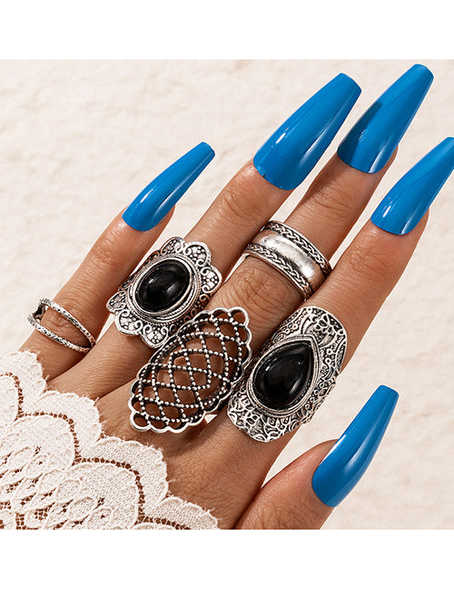 RS61 Silver Black Gem 5 pc. Ring Set - Iris Fashion Jewelry