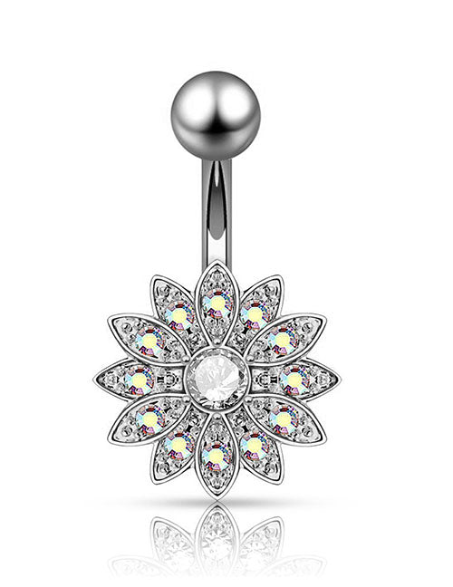 P121 Silver Iridescent Crystal Center Rhinestone Flower Belly Button Ring - Iris Fashion Jewelry