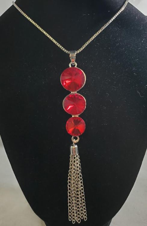 *AZ284 Silver Red Triple Gemstone Tassel Necklace with FREE EARRINGS