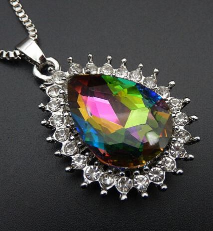 **N1104 Silver Multi Color Teardrop Gemstone Necklace with FREE Earrings