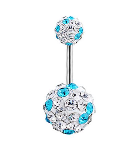 P131 Silver Double Ball Crystal & Light Blue Gems Belly Button Ring - Iris Fashion Jewelry
