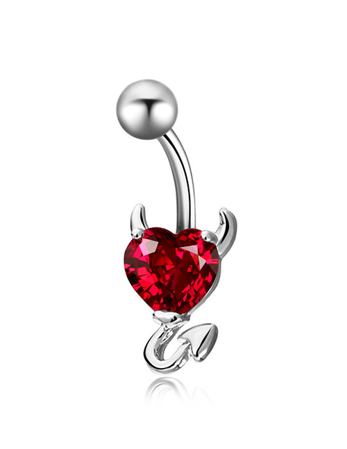 P109 Silver Red Heart Gem Devil Belly Button Ring - Iris Fashion Jewelry