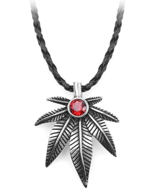 AZ849 Silver Red Gem Pot Leaf on Leather Cord Necklace with FREE EARRINGS