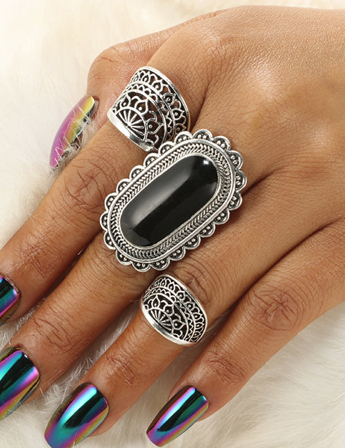 RS49 Silver Black Gem 3 pc. Ring Set - Iris Fashion Jewelry