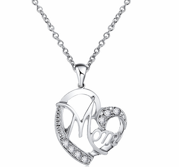 N1110 Silver Mom Heart with Rhinestones Necklace with FREE Earrings - Iris Fashion Jewelry