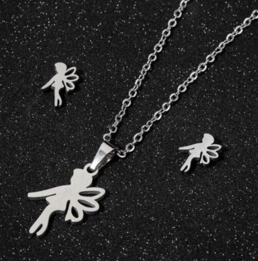 N1610 Silver Fairy Stainless Steel Necklace with FREE Earrings - Iris Fashion Jewelry
