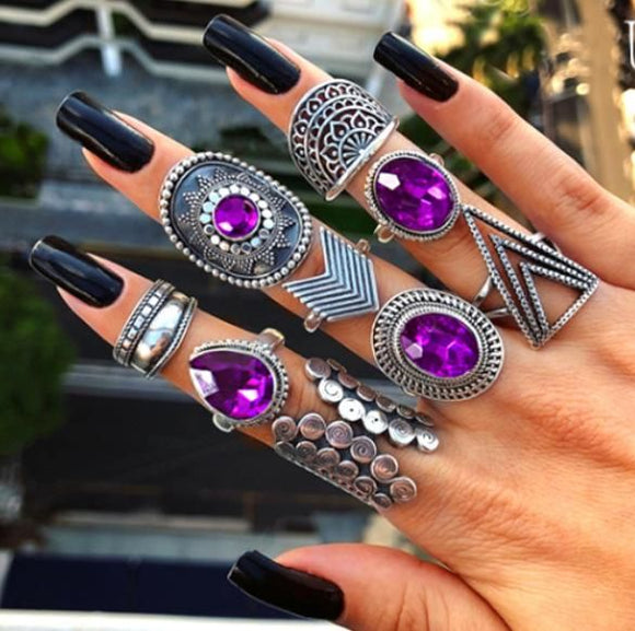 RS53 Silver Purple Gemstone 9 Piece Ring Set - Iris Fashion Jewelry